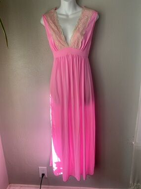 Sheer Pink Lace Trim Maxi Nightgown m